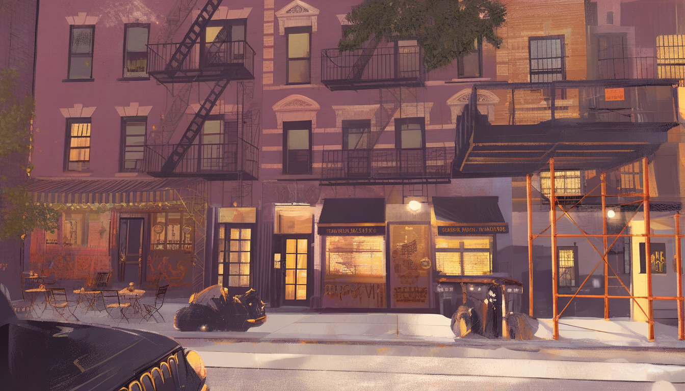 Stylized Art Deco illustration of an East Village street at dusk